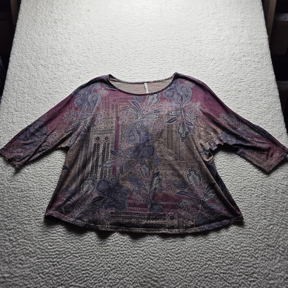 Leo & Nicole Shirt Womens Plus 3X Purple Scoop Neck 3/4 Dolman Paisley Top